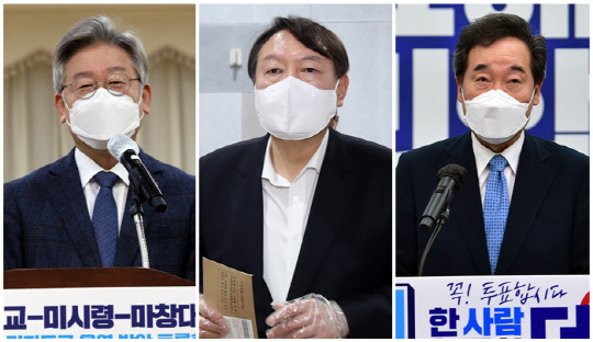 이재명 경기도지사(왼쪽), 윤석열 전 검찰총장(가운데), 이낙연 더불어민주당 전 대표.<연합뉴스>